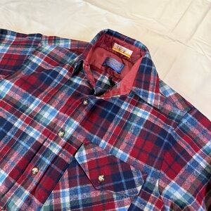 Pendleton Lobo Men’s S Wool Plaid Flannel Shirt Red Blue Elbow Patches Vintage